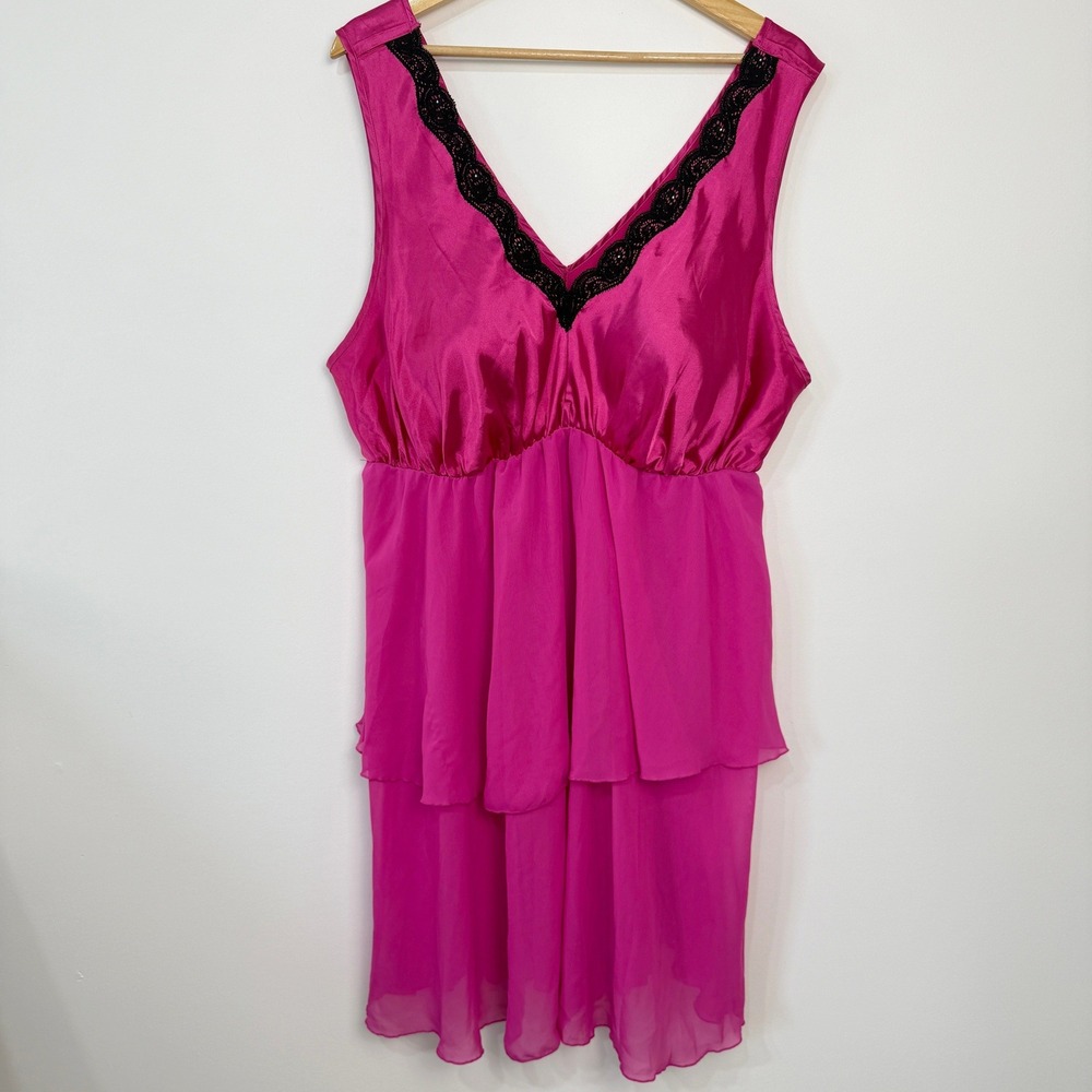 Vintage Fashion Bug Sleepwear Chemise XL Hot Pink Lace Tiered Chiffon Coquette